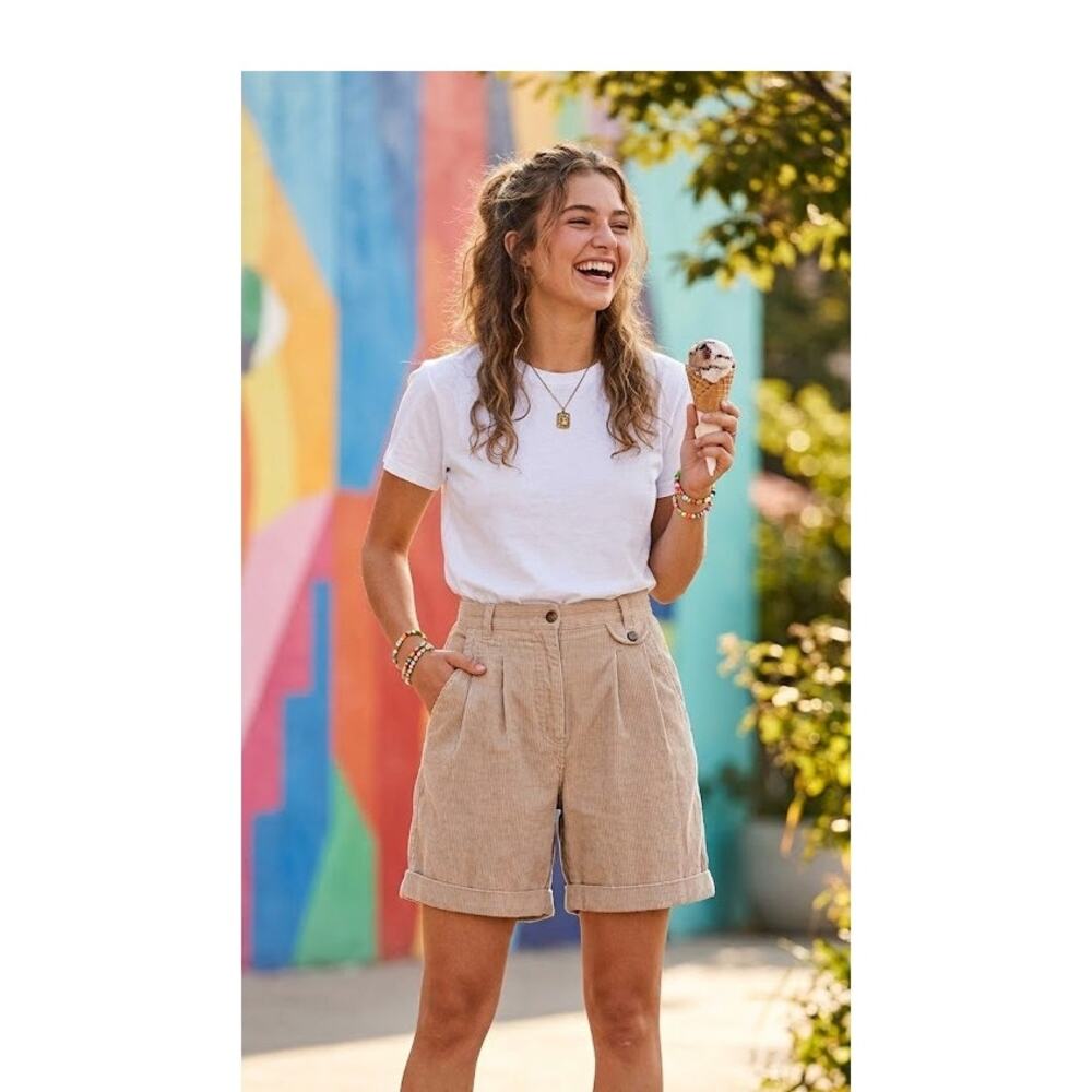 Vintage 80s Cherokee Tan Corduroy Mom Shorts Women’s 14 High Waisted Modest